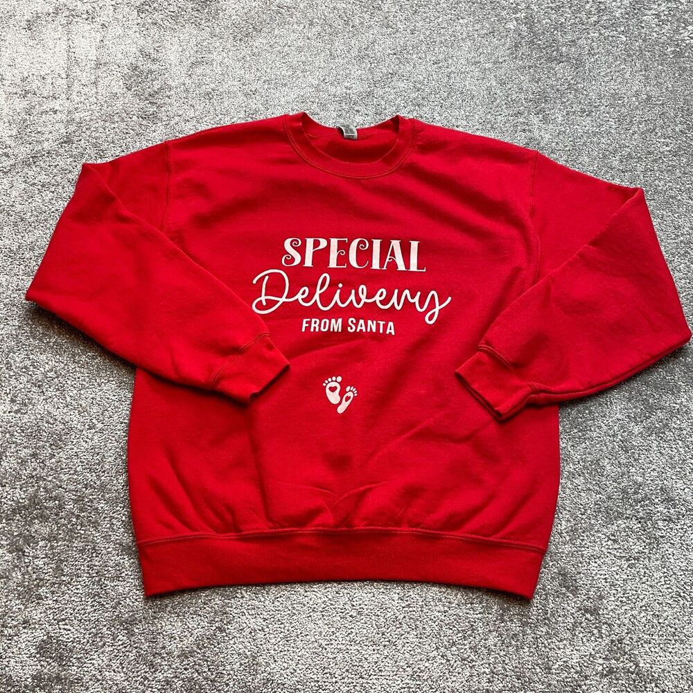 Gildan Sweatshirt Adult Medium Red Special Delivery From Santa Baby Feet Logo